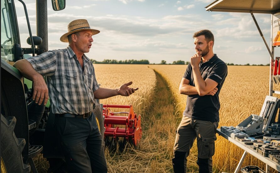 畑で議論する農家と業者の画像