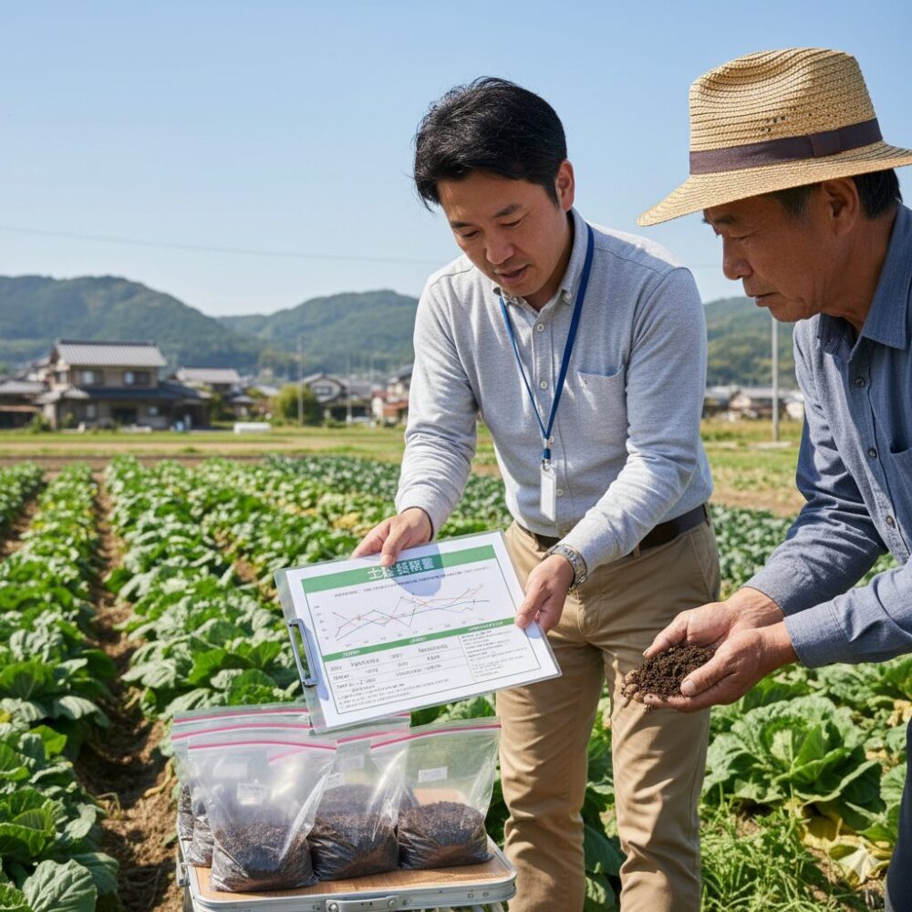 土壌分析結果を農家に説明している画像