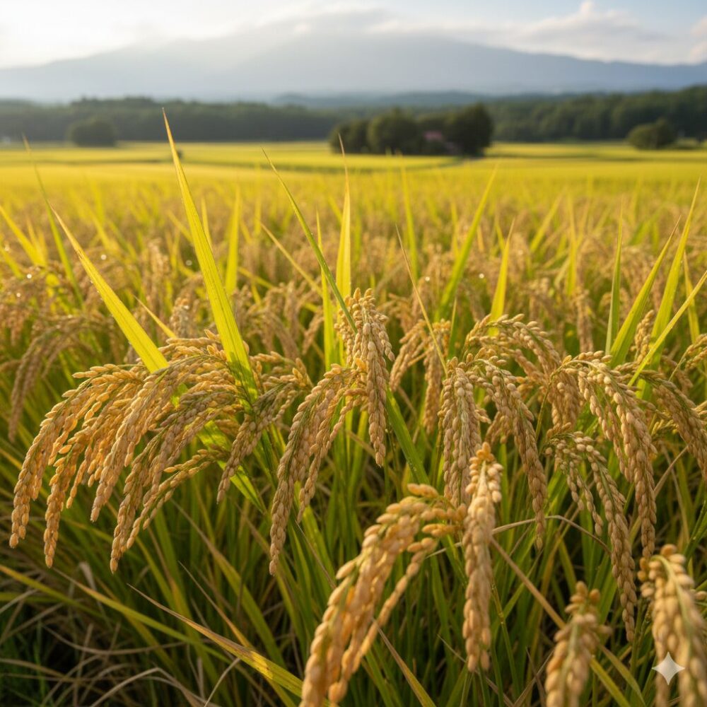 水稲の穂がなびいている画像