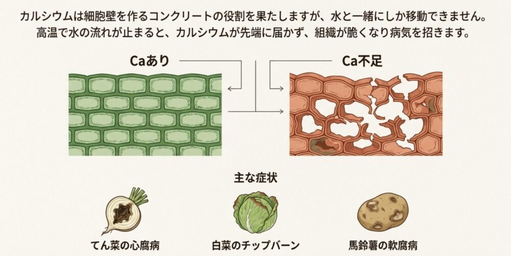 作物がカルシウム欠乏で発生する障害の図解