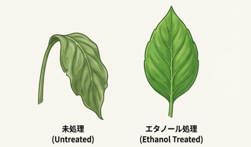 エタノール処理をした葉と未処理の歯の比較