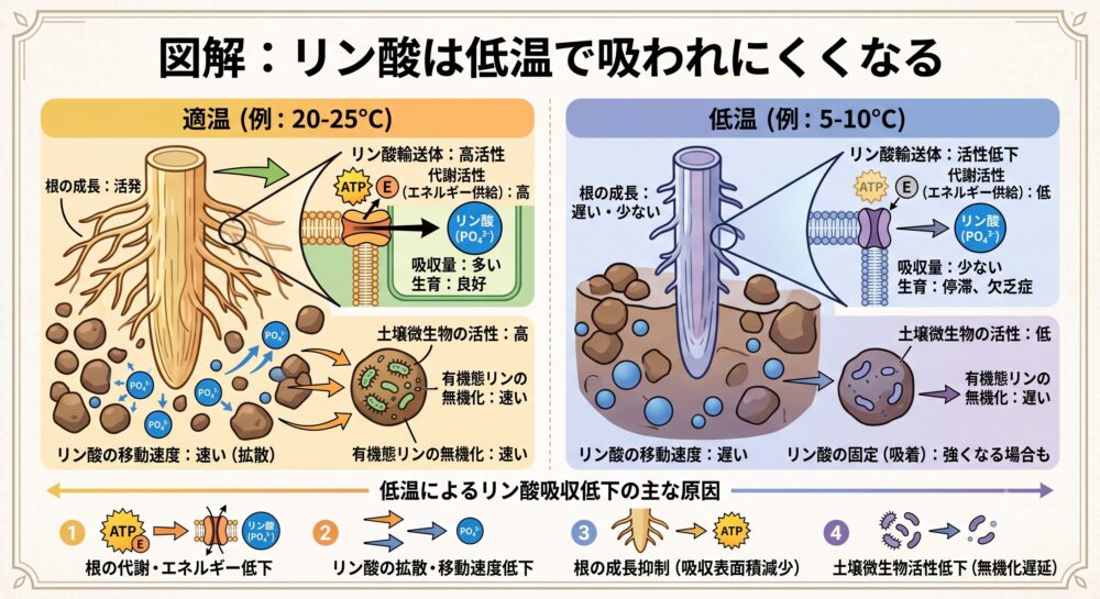 低温ではリン酸の吸収が低下する理由を図解